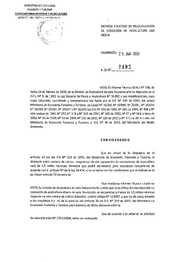 Res. Ex. N° 1492-2020 Rechaza solicitud de relocalización de concesión de acuicultura que indica.