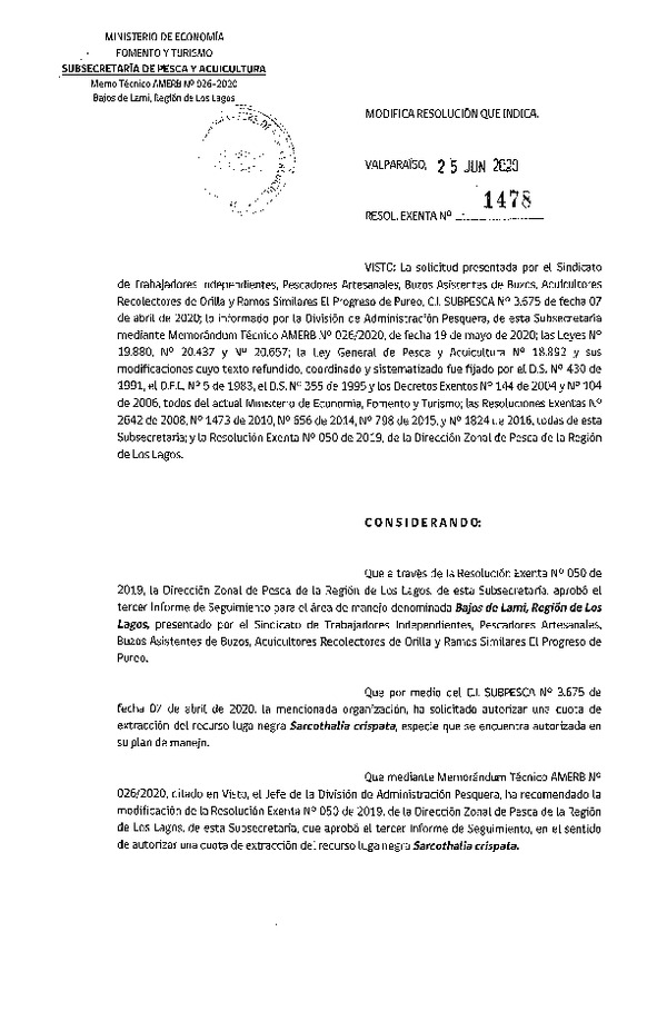 Res. Ex. N° 1478-2020 Modifica Res. Ex. N° 50-2019 (DZP Región de Los Lagos) 3° Seguimiento. (Publicado en Página Web 03.07-2020)