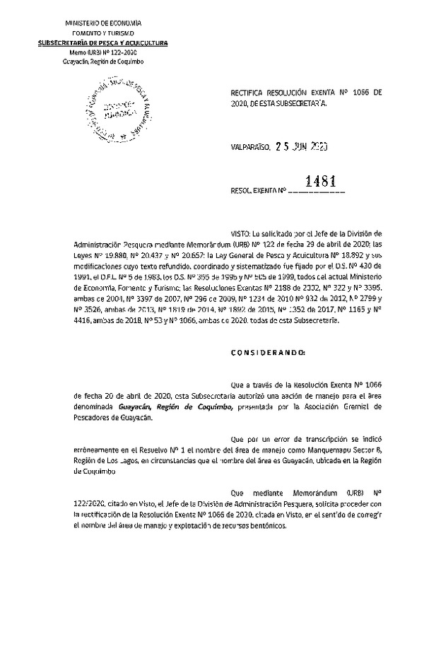 Res. Ex. N° 1481-2020 Rectifica Res. Ex. N° 1066-2020. (Publicado en Página Web 03.07-2020)