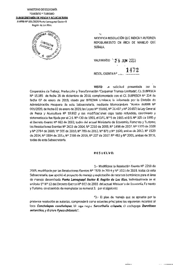 Res. Ex. N° 1472-2020 Modifica Resolución que Indica. Autoriza Repoblamiento. (Publicado en Página Web 03.07-2020)