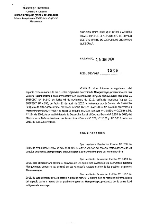 Res. Ex. N° 1519-2020 Modifica Resolución que Indica. Aprueba primer informe de seguimiento ECMPO, Manquemapu. (Publicado en Página Web 03-07-2020)