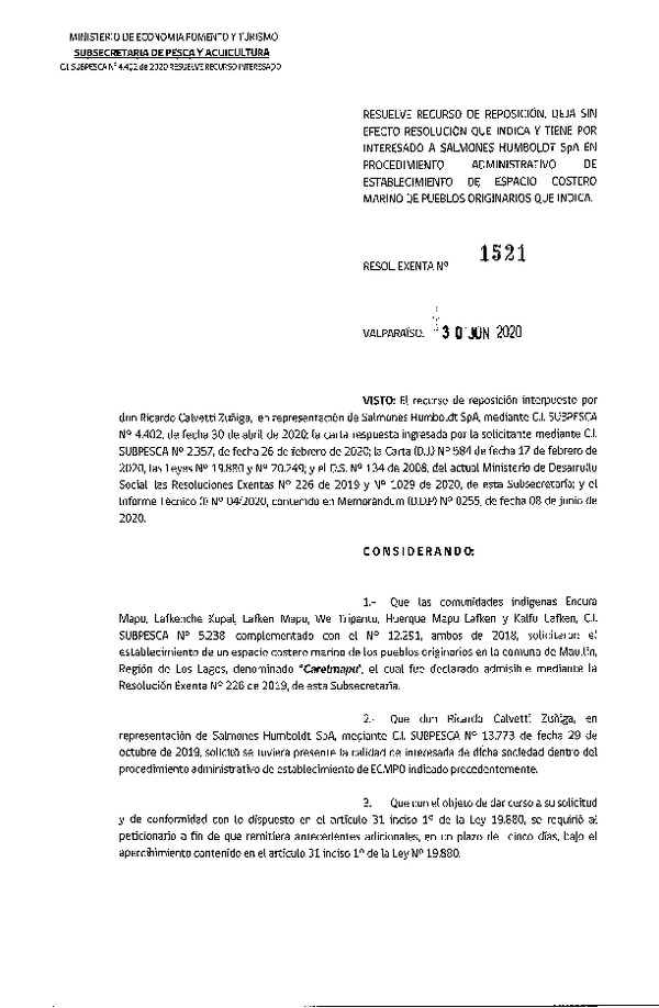 Res. Ex. N° 1521-2020 Resuelve recurso de reposición. Deja sin efecto resolución que indica. ECMPO Carelmapu. (Publicado en Página Web 03-07-2020)