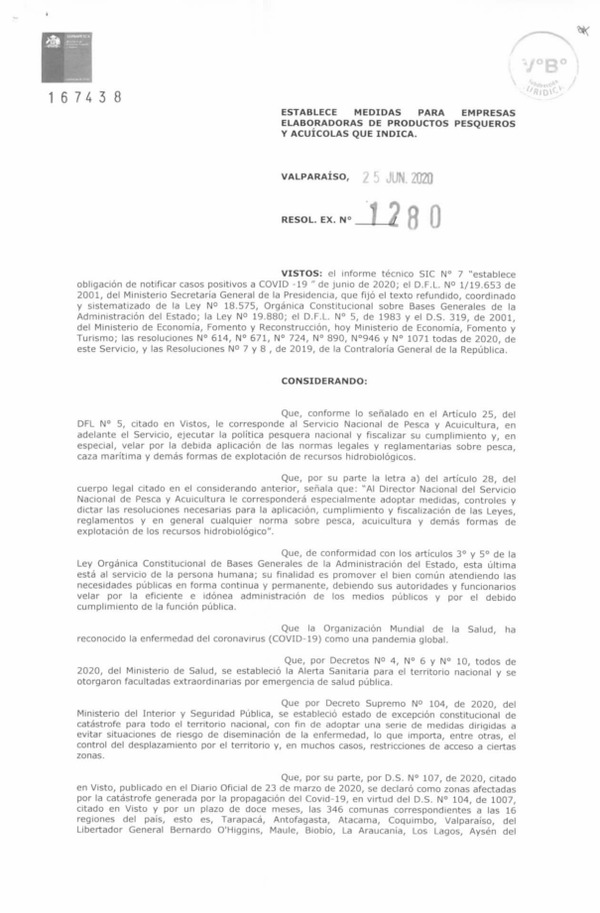 Res. Ex. N° 1280-2020 (Sernapesca) Establece medidas para empresas elaboradoras de productos pesqueros acuícolas que indica. (Publicado en Página Web 03-07-2020)