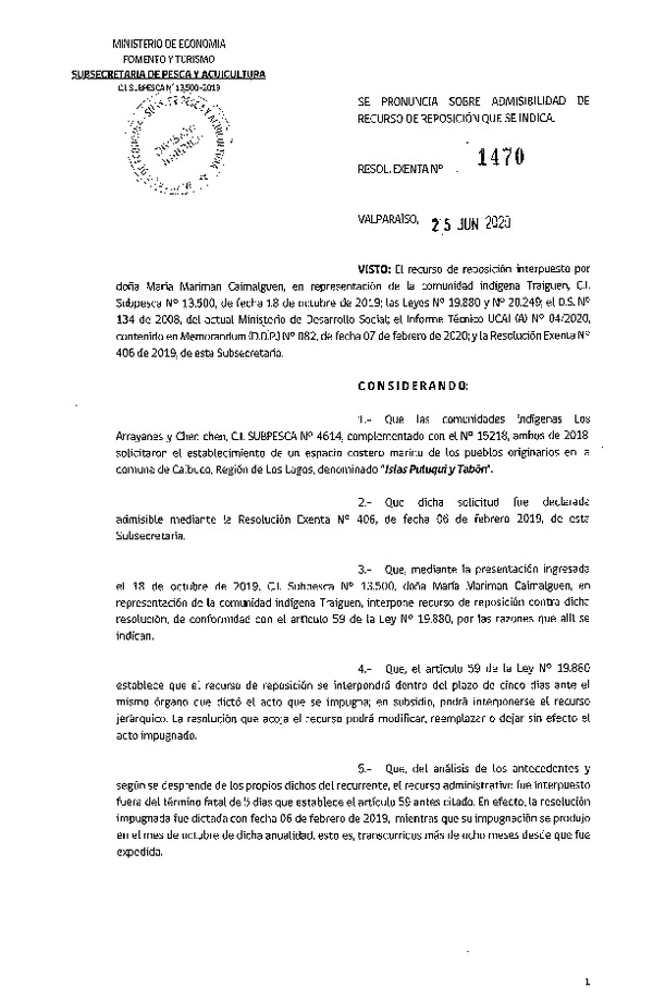 Res. Ex. N° 1470-2020 Se pronuncia sobre admisibilidad de recurso de reposición que indica. (Publicado en Página Web 03-07-2020)