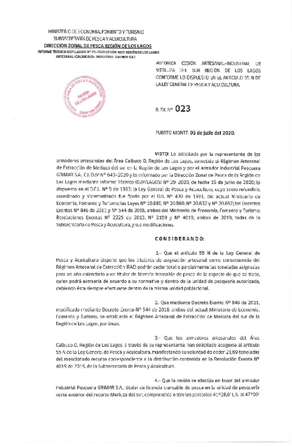 Res. Ex. N° 023-2020 (DZP Región de Los Lagos) Autoriza cesión Merluza del Sur (Publicado en Página Web 03-07-2020).