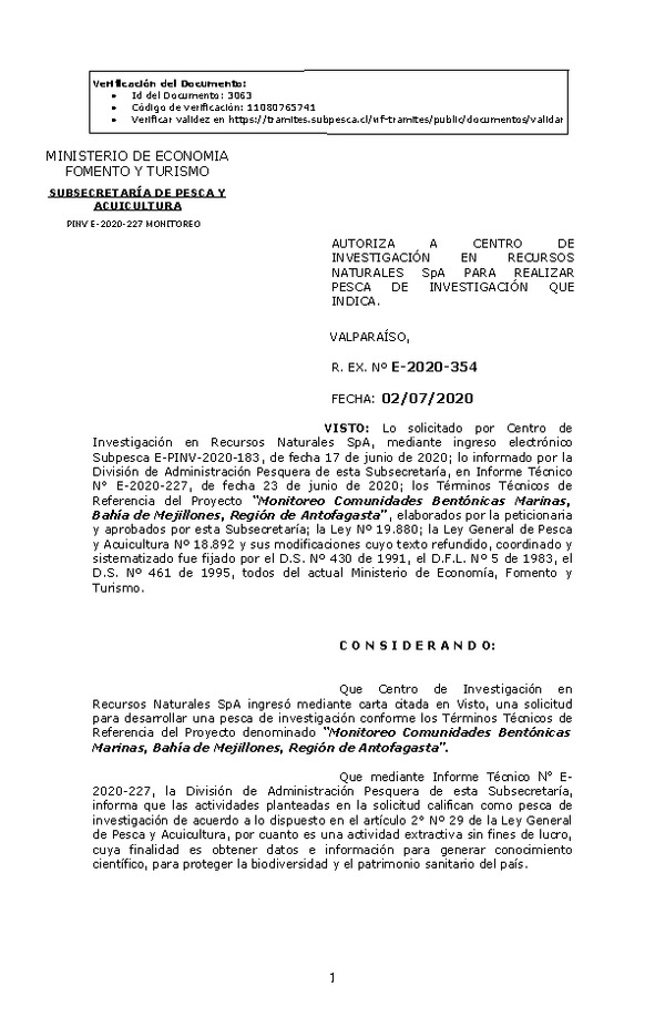 R. EX. Nº E-2020-354 Monitoreo Comunidades Bentónicas Marinas, Bahía de Mejillones, Región de Antofagasta. (Publicado en Página Web 06-07-2020)