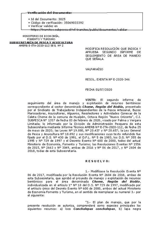 RESOL. EXENTA Nº E-2020-346 Modifica Resolución que Indica. Aprueba 2° Seguimiento. (Publicado en Página Web 06-07-2020)