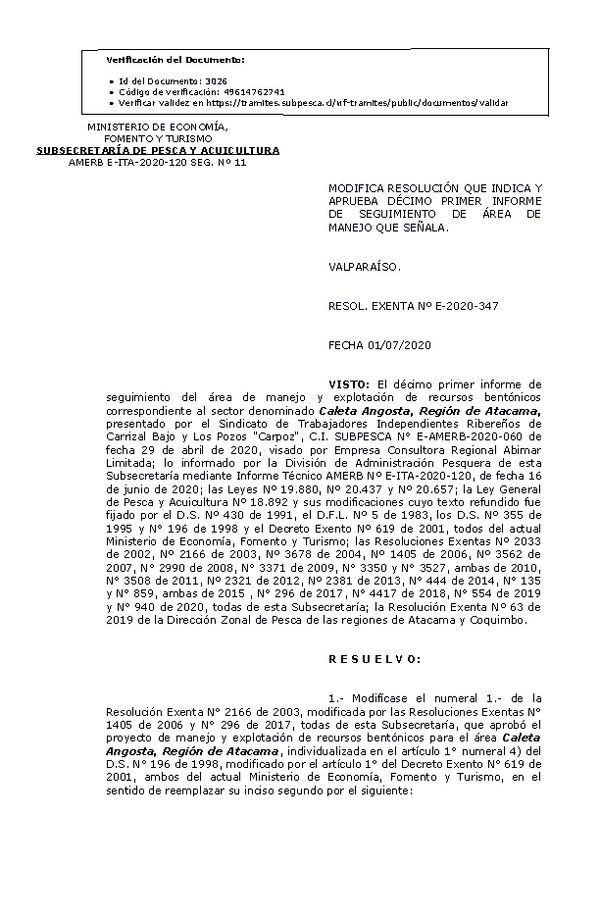 RESOL. EXENTA Nº E-2020-347 Modifica Resolución que Indica. Aprueba 11° Seguimiento. (Publicado en Página Web 06-07-2020)