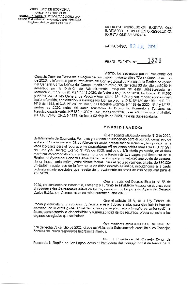 Res. Ex. N° 1534-2020 Modifica 	Res. Ex. N° 1397-2020 que Modificó Res. Ex. N° 859-2020 y Establece Distribución de Remanente de Cuota del Recurso Erizo, en las Regiones de Los Lagos y de Aysén del General Carlos Ibañez del Campo, Año 2020. (Publicado en Página Web 06-07-2020)