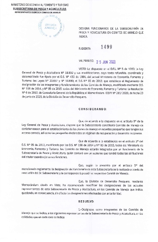 Res. Afecta N° 1499-2020 Designa Funcionarios de la Subsecretaría de Pesca y Acuicultura en Comités de Manejo que Indica. (Publicado en Página Web 06-07-2020)