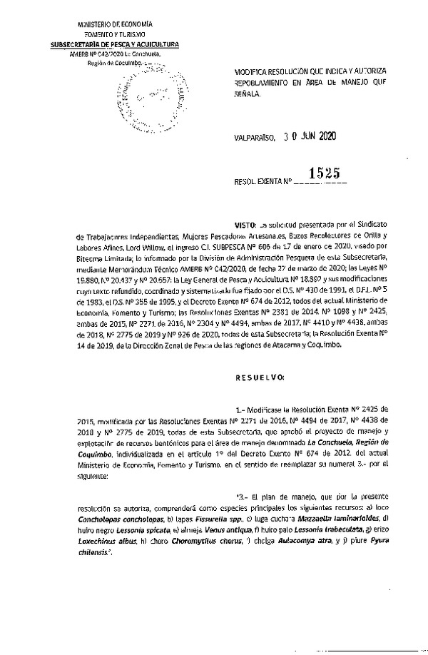 Res. Ex N° 1525-2020 Modifica Resolución que Indica. Autoriza repoblamiento que señala. (Publicado en Página Web 06-07-2020).