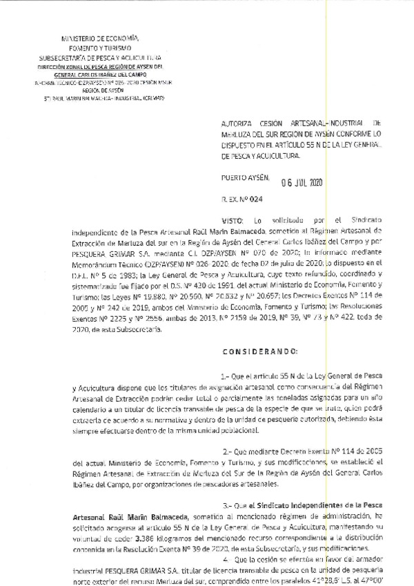 Res. Ex. N° 024-2020 (DZP Región de Aysén) Autoriza cesión Merluza del Sur (Publicado en Página Web 06-07-2020).