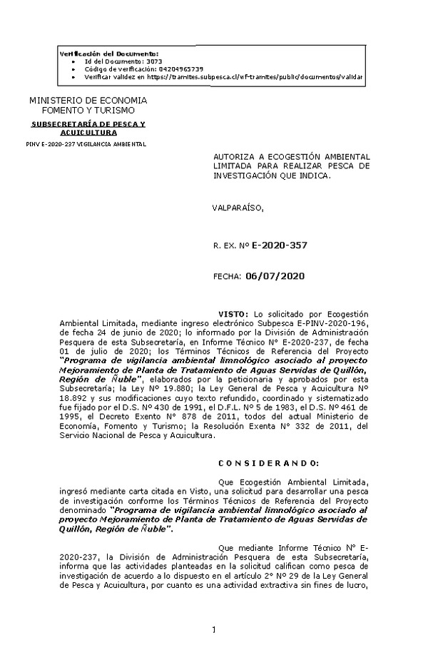 R. EX. Nº E-2020-357 Programa de vigilancia ambiental limnológico asociado al proyecto Mejoramiento de Planta de Tratamiento de Aguas Servidas de Quillón, Región de Ñuble. (Publicado en Página Web 06-07-2020)