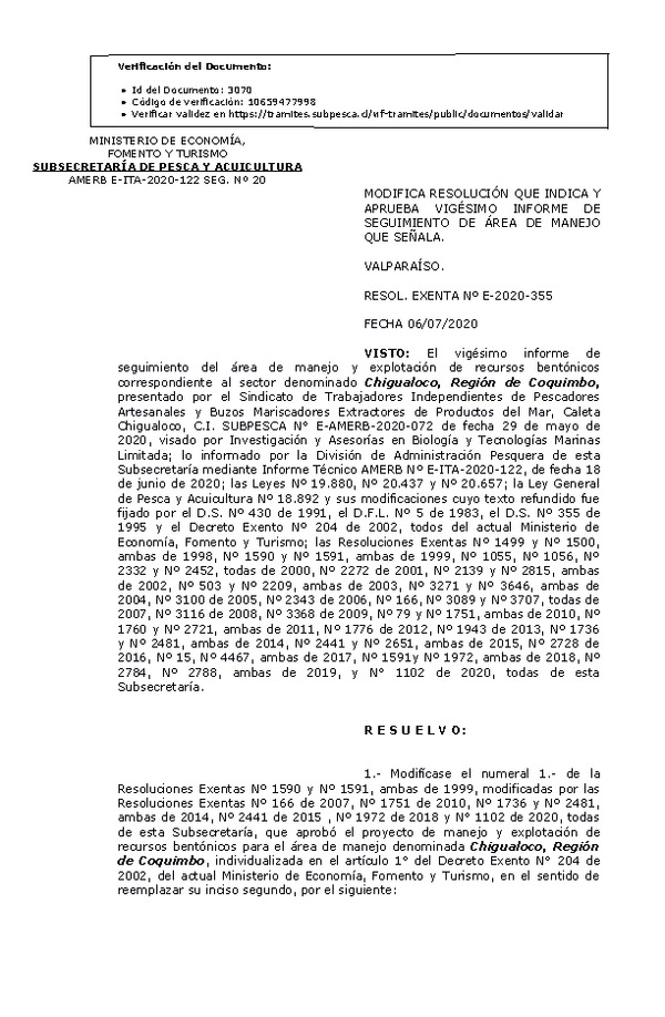 RESOL. EXENTA Nº E-2020-355  Modifica Resolución que indica. Abrueba 20° Seguimiento. (Publicado en Página Web 06-07-2020)