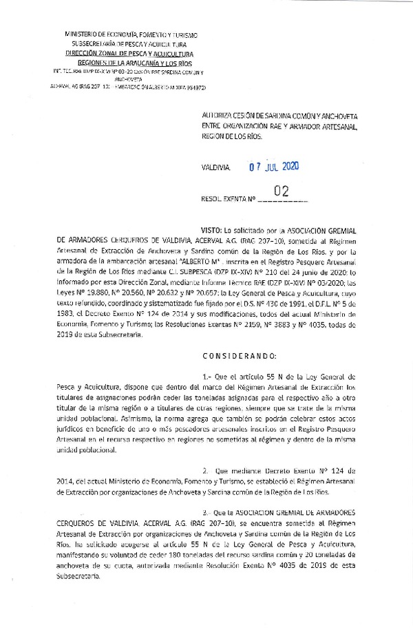 Res Ex N° 02-2020, (DZP La Araucanía y Los Ríos), Autoriza cesión Anchoveta y Sardina Común Región de Los Ríos. (Publicado en Página Web 07-07-2020)