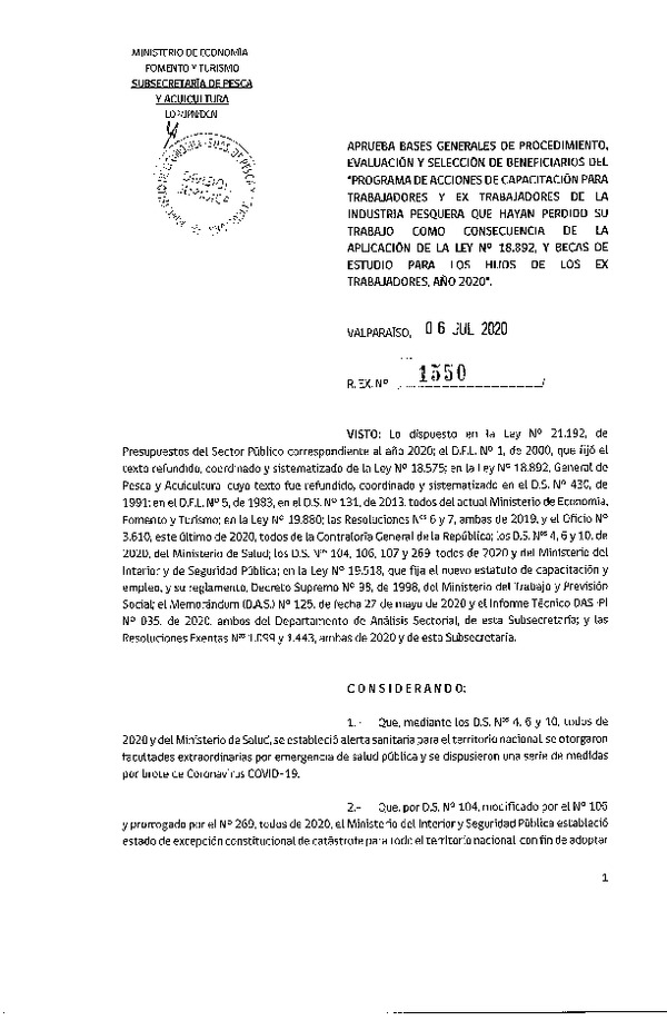 REs. Ex. N° 1550-2020 Aprueba Bases Generales de Procedimiento, Evaluación y Selección de Beneficiarios del Programa de Acciones de Capacitación para Trabajadores y Ex Trabajadores de la Industria Pesquera que Indica. (Publicado en Página Web 08-07-2020)