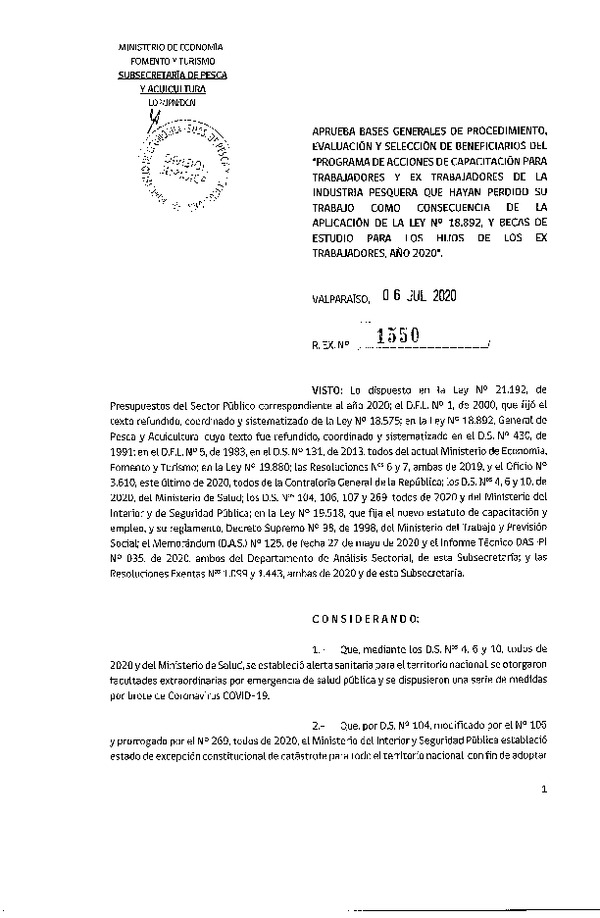 REs. Ex. N° 1550-2020 Aprueba Bases Generales de Procedimiento, Evaluación y Selección de Beneficiarios del Programa de Acciones de Capacitación para Trabajadores y Ex Trabajadores de la Industria Pesquera que Indica. (Publicado en Página Web 08-07-2020)