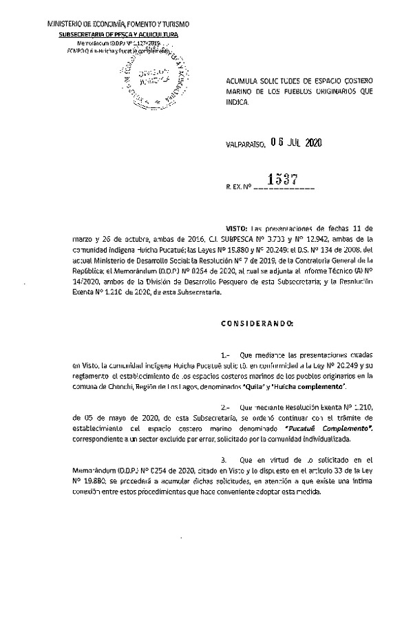 Res. Ex. N° 1537-2020, Acumula solicitudes de ECMPO que indica. (Publicado en Página Web 08-07-2020).