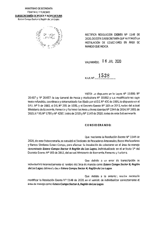 Res. Ex. N° 1538-2020 Rectifica Res. Ex. N°1148-2020 Instalación de Colectores. (Publicado en Página Web 08-07-2020)