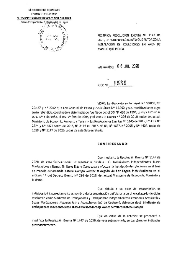Res. Ex. N° 1539-2020 Rectifica Res. Ex. N°1147-2020 Instalación de Colectores. (Publicado en Página Web 08-07-2020)