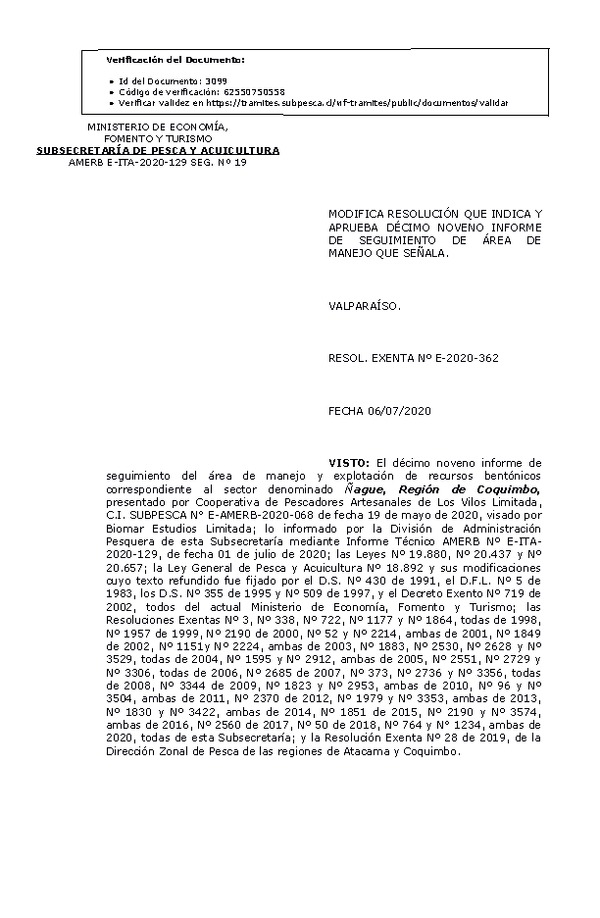 RESOL. EXENTA Nº E-2020-362 Modifica Resolución que Indica. Aprueba 19° Seguimiento.(Publicado en Página Web 08-07-2020)