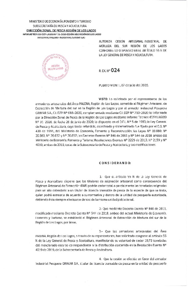 Res. Ex. N° 024-2020 (DZP Región de Los Lagos) Autoriza cesión Merluza del Sur (Publicado en Página Web 08-07-2020).