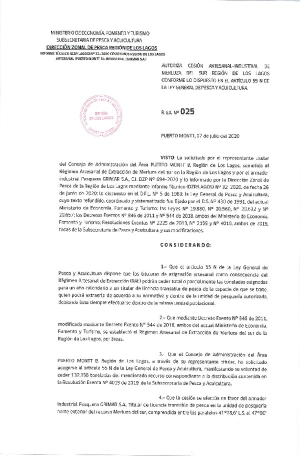 Res. Ex. N° 025-2020 (DZP Región de Los Lagos) Autoriza cesión Merluza del Sur (Publicado en Página Web 08-07-2020).