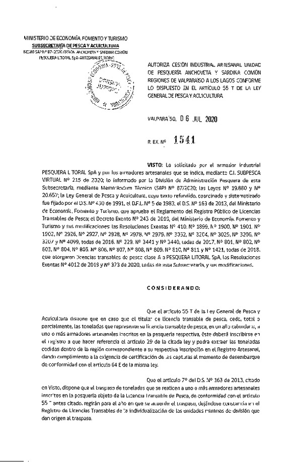 Res. Ex. N° 1541-2020 Autoriza Cesión anchoveta y sardina común Regiones Valparaíso-Los Lagos (Publicado en Página Web 08-07-2020).