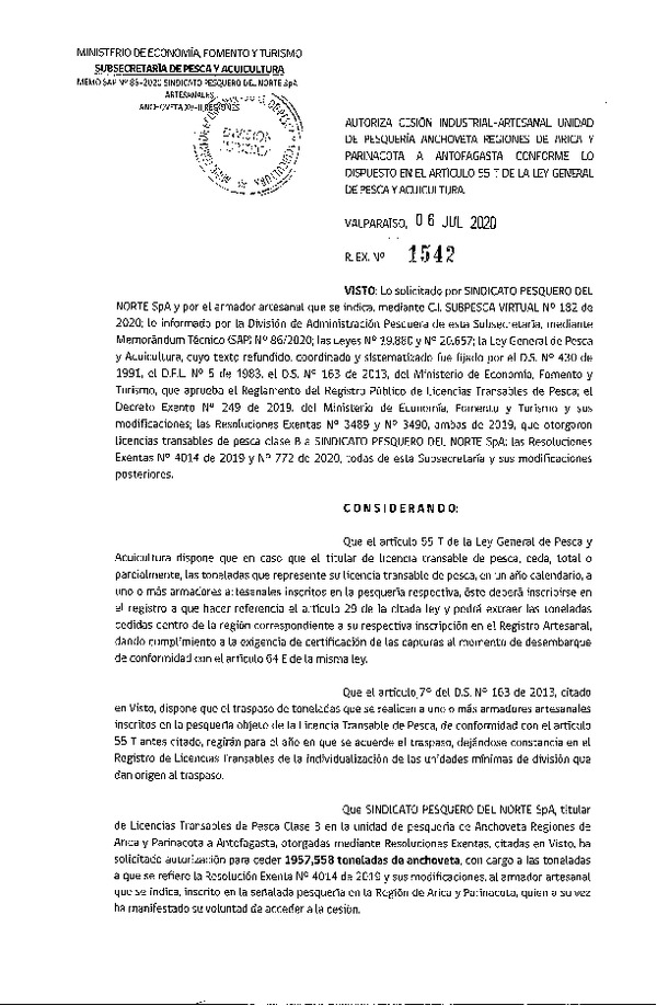 Res. Ex. N° 1542-2020 Autoriza cesión pesquería Anchoveta, Regiones de Arica y Parinacota a Antofagasta. (Publicado en Página Web 08-07-2020)