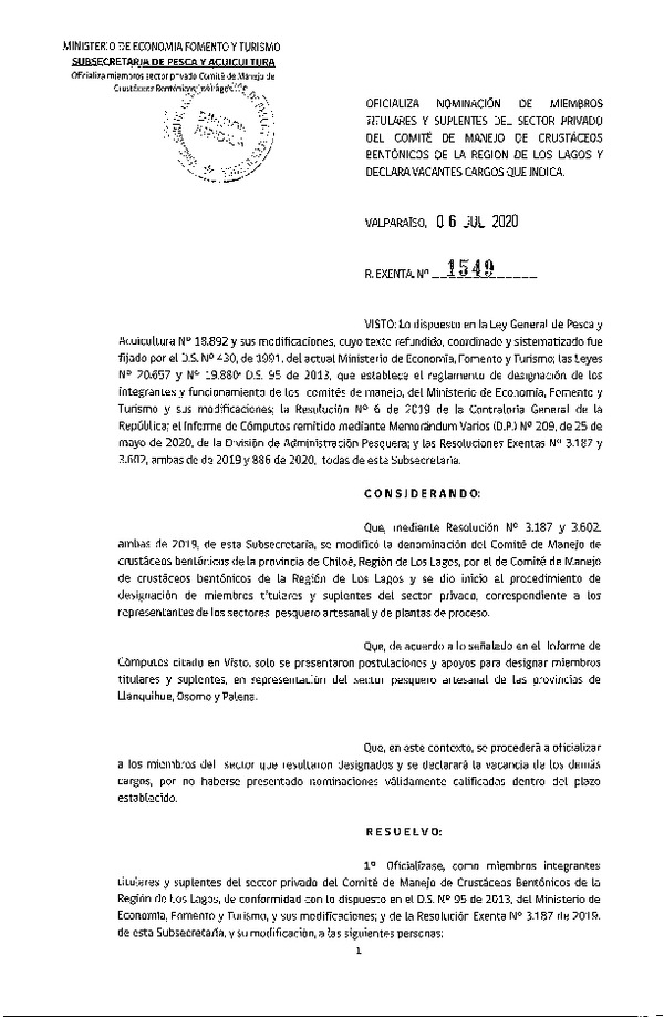 Res. Ex. N° 1549-2020 Oficializa Miembros del Sector Privado que se Indica del Comité de Manejo de Crustáceos Demersales Región de Los Lagos. (Publicado en Página Web 09-07-2020)