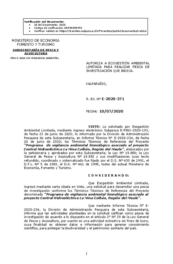 R. EX. Nº E-2020-371 Programa de vigilancia ambiental limnológico asociado al proyecto Central Hidroeléctrica La Mina Colbún, Región del Maule. (Publicado en Página Web 13-07-2020)