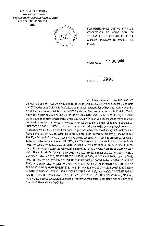 Res Ex N° 1556-2020, Fijó densidad de cultivo para las concesiones de acuicultura de titularidad de Cermaq Chile S.A. (Publicado en Página Web 13-07-2020).