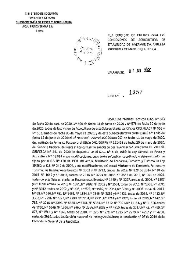 Res Ex N° 1557-2020, Fija densidad de cultivo para las concesiones de acuicultura de titularidad de Invermar S.A. (Publicado en Página Web 13-07-2020).