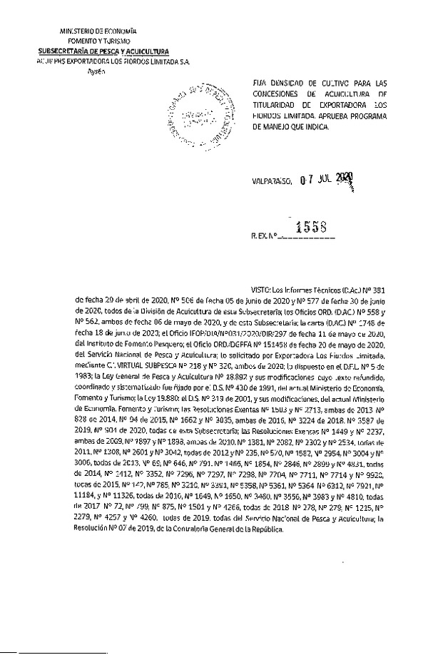 Res Ex N° 1558-2020, Fija densidad de cultivo para las concesiones de acuicultura de titularidad de Exportadora Los Fiordos Limitada. (Publicado en Página Web 13-07-2020).