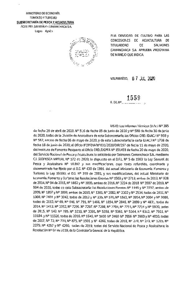 Res Ex N° 1559-2020, Fija densidad de cultivo para las concesiones de acuicultura de titularidad de Salmones Camanchaca S.A. (Publicado en Página Web 13-07-2020).