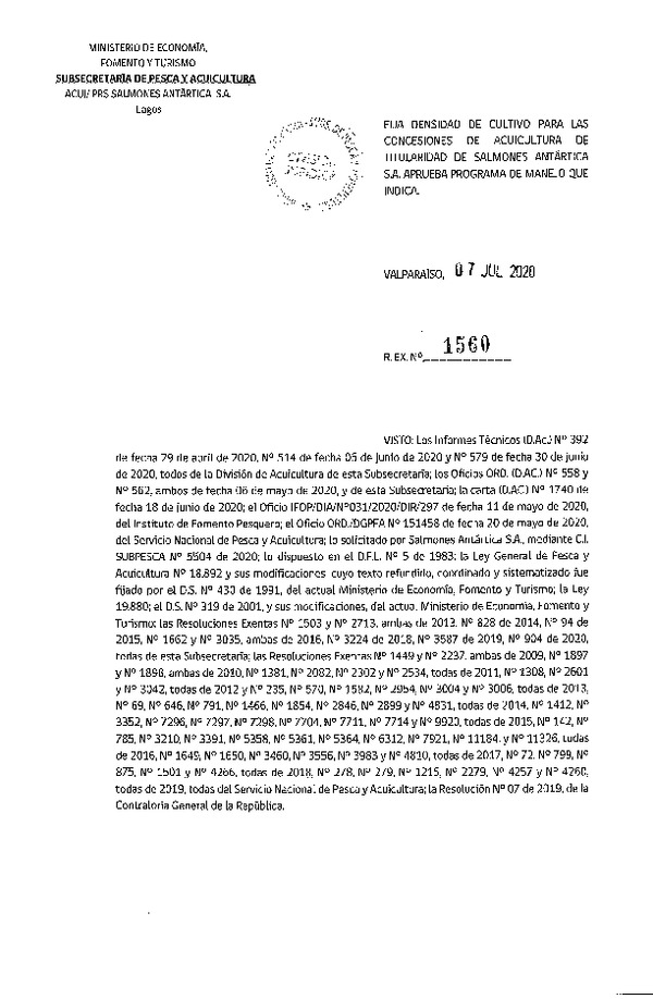 Res Ex N° 1560-2020, Fija densidad de cultivo para las concesiones de acuicultura de titularidad de Salmones Antártica S.A. (Publicado en Página Web 13-07-2020).