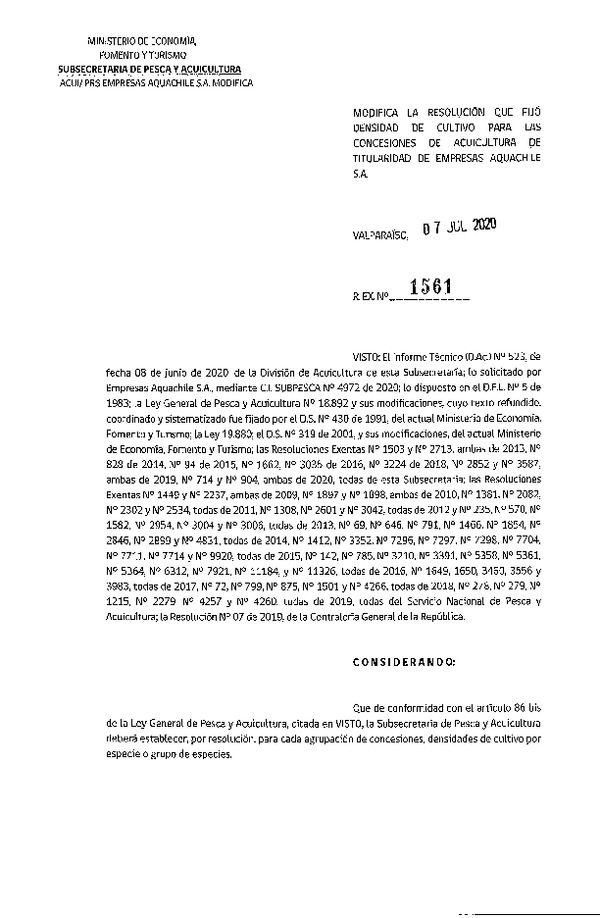 Res Ex N° 1561-2020, Fija densidad de cultivo para las concesiones de acuicultura de titularidad de Empresas Aquachile S.A. (Publicado en Página Web 13-07-2020).