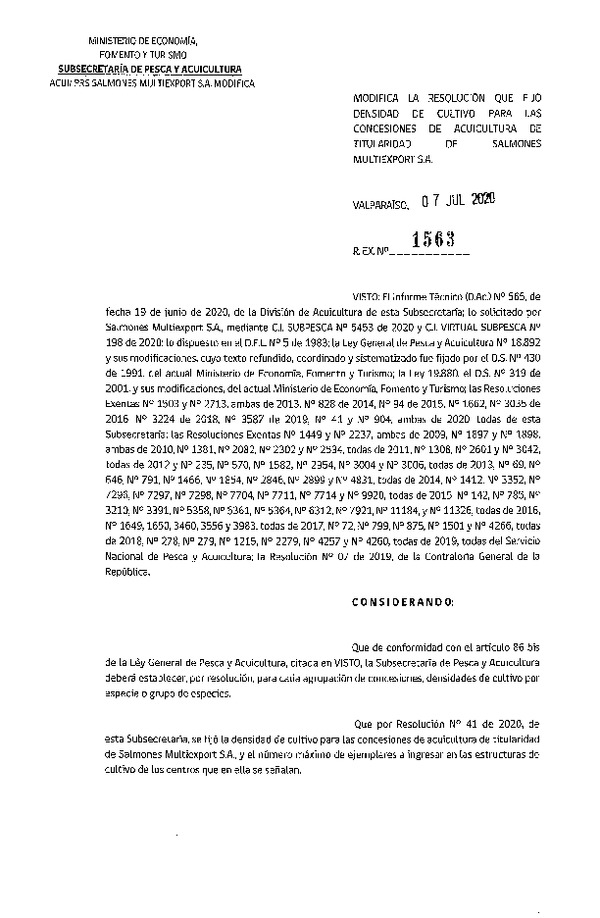 Res, Ex. N° 1563-2020 Modifica Res. Ex. N° 41-2020 Fija densidad de cultivo para concesiones de acuicultura de titularidad. (Publicado en Página Web 13-07-2020)