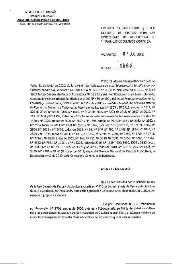 Res, Ex. N° 1564-2020 Modifica Res. Ex. N° 211-2020 Fija densidad de cultivo para concesiones de acuicultura de titularidad. (Publicado en Página Web 13-07-2020)