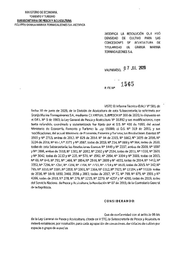 Res, Ex. N° 1565-2020 Modifica Res. Ex. N° 657-2019 Fija densidad de cultivo para concesiones de acuicultura de titularidad. (Publicado en Página Web 13-07-2020)