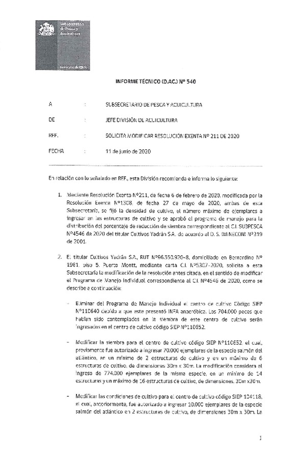 INFORME TÉCNICO (D.AC) Nº 540/1.06.2020 Modifica Res. Ex. 211-2020. (Publicado en Página Web 13-07-2020)