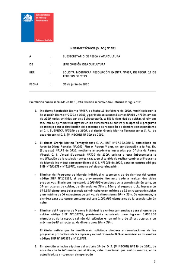 INFORME TÉCNICO (D.AC) Nº 581 / 30.06.2020 SOLICITA MODIFICAR RESOLUCIÓN EXENTA Nº 657, DE FECHA 18 DE FEBRERO DE 2019 GRANJA MARINA TORNAGALEONES S.A.(Publicado en Página Web 13-07-2020)