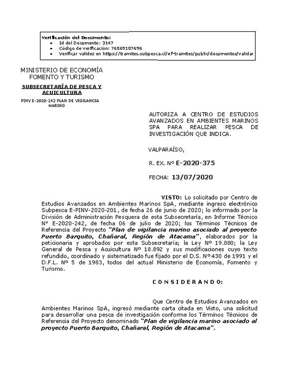 R. EX. Nº E-2020-375 Plan de vigilancia marino asociado al proyecto Puerto Barquito, Chañaral, Región de Atacama. (Publicado en Página Web 14-07-2020)