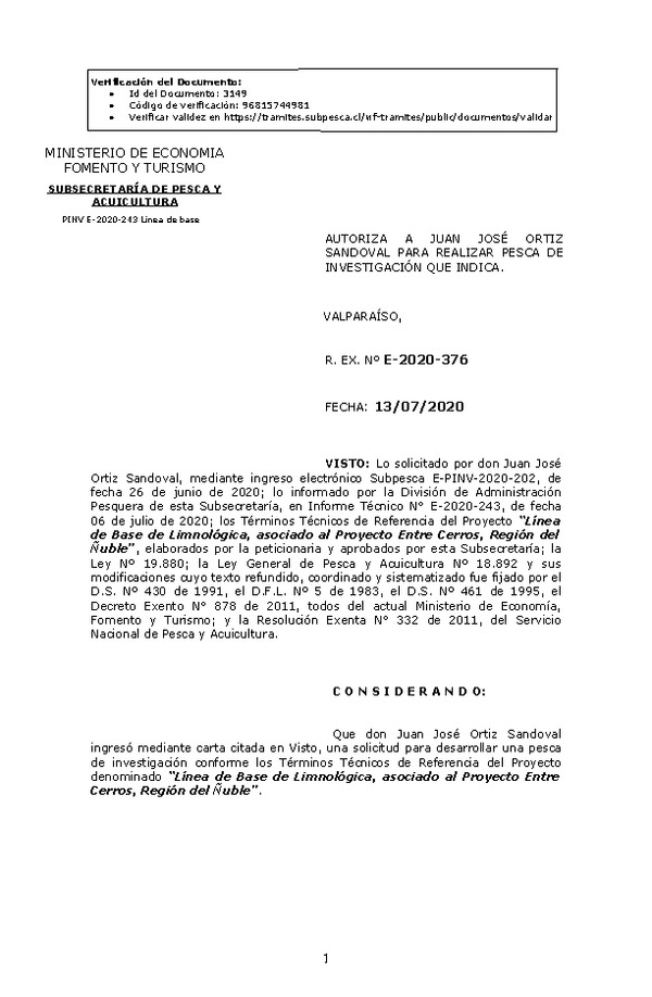 R. EX. Nº E-2020-376 Línea de Base de Limnológica, asociado al Proyecto Entre Cerros, Región del Ñuble. (Publicado en Página Web 14-07-2020)