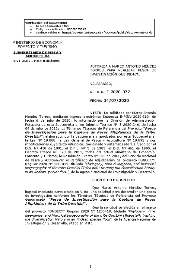 R. EX. Nº E-2020-377 Pesca de Investigación para la Captura de Peces Altiplánicos de la Tribu Orestiin. (Publicado en Página Web 14-07-2020)