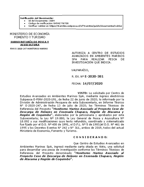 R. EX. Nº E-2020-381 Monitoreo Marino Asociado al Proyecto Cese de Descarga de Relaves en Ensenada Chapaco, Región de Atacama y Región de Coquimbo. (Publicado en Página Web 15-07-2020)