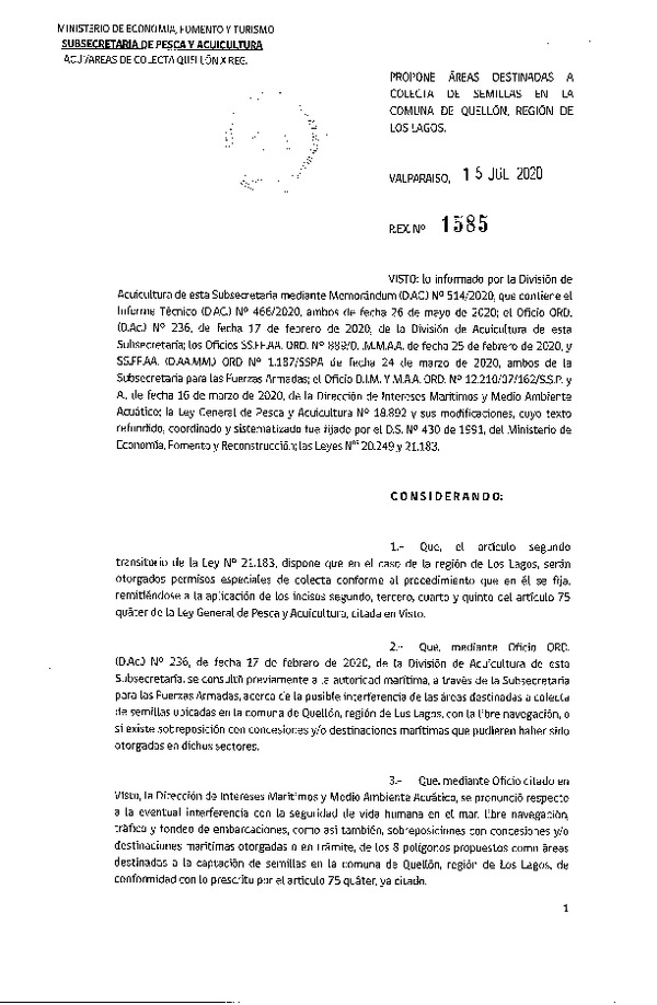 Res, Ex. N° 1585-2020 Propone Áreas Destinadas a Colecta de Semillas en la Comuna de Quellón, Región de Los Lagos. (Publicado en Página Web 17-07-2020)