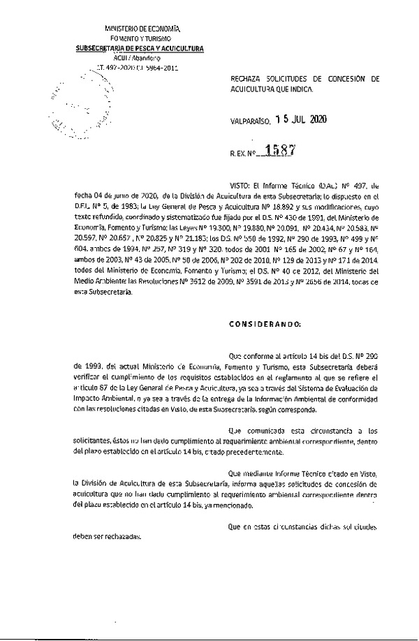 Res. Ex. N° 1587-2020 Rechaza solicitudes de concesión de acuicultura que indica.