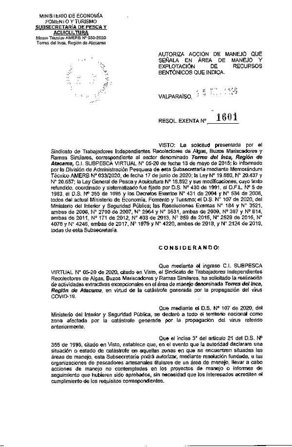 Res. Ex. N°1601-2020 Autoriza Acción de Manejo. (Publicado en Página Web 20-07-2020)