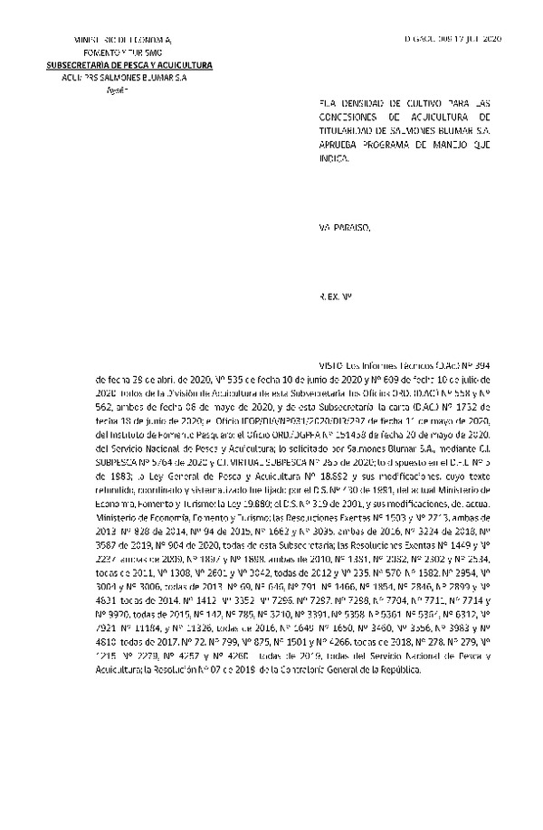 Res Ex N° 09-2020, Fija densidad de cultivo para las concesiones de acuicultura de titularidad de Brumar S.A. (Publicado en Página Web 21-07-2020).